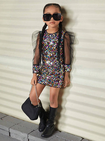 Young Girl Contrast Mesh Gigot Sleeve Sequin Dress,Party Dress
