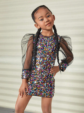 Young Girl Contrast Mesh Gigot Sleeve Sequin Dress,Party Dress