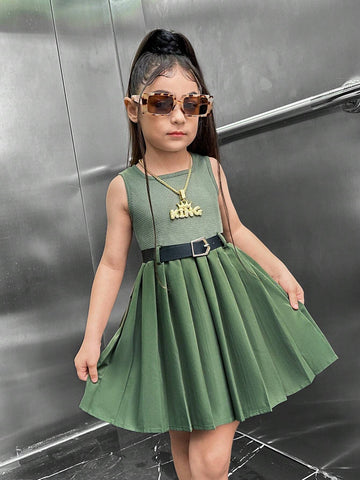 Young Girl Cool Casual Pleated Military Green Belted Sleeveless Dress