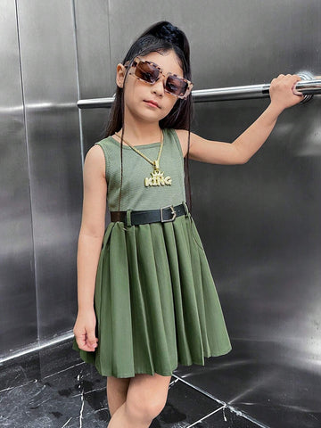 Young Girl Cool Casual Pleated Military Green Belted Sleeveless Dress
