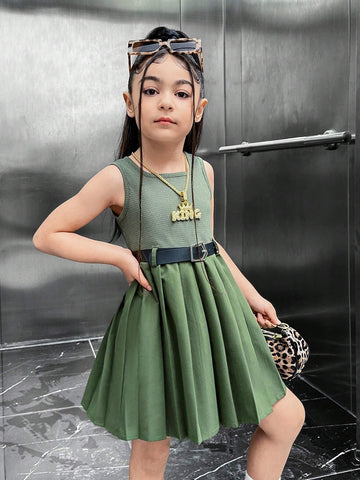 Young Girl Cool Casual Pleated Military Green Belted Sleeveless Dress