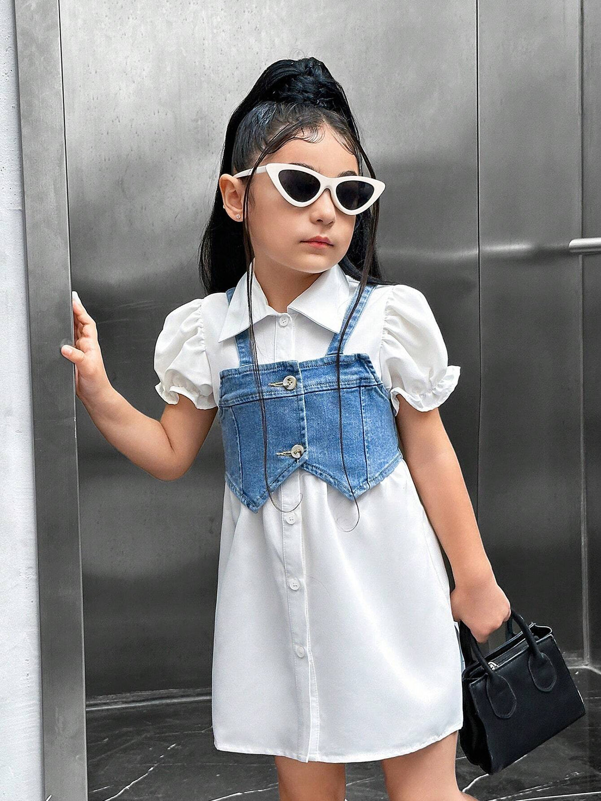 Young Girl Cool Denim Vest And Shirt Dress Casual & Commuter Outfit