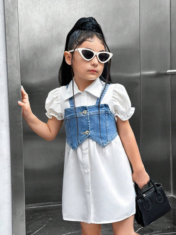Young Girl Cool Denim Vest And Shirt Dress Casual & Commuter Outfit