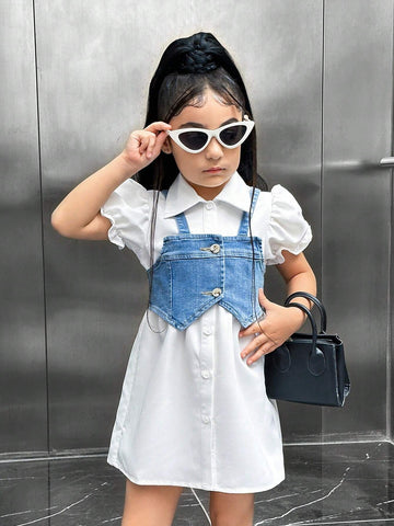 Young Girl Cool Denim Vest And Shirt Dress Casual & Commuter Outfit