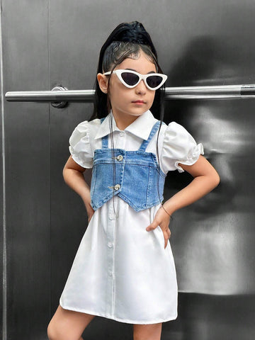 Young Girl Cool Denim Vest And Shirt Dress Casual & Commuter Outfit