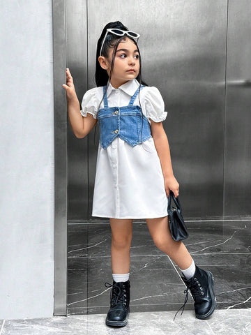 Young Girl Cool Denim Vest And Shirt Dress Casual & Commuter Outfit