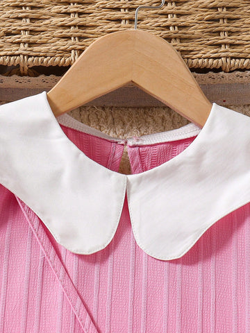 Young Girl' Cool Kid Vertical Striped Pink Casual Dress, Sweet Princess Style With White Collar, Adorable Cartoon Bag Decor, Soft & Comfortable Fabric