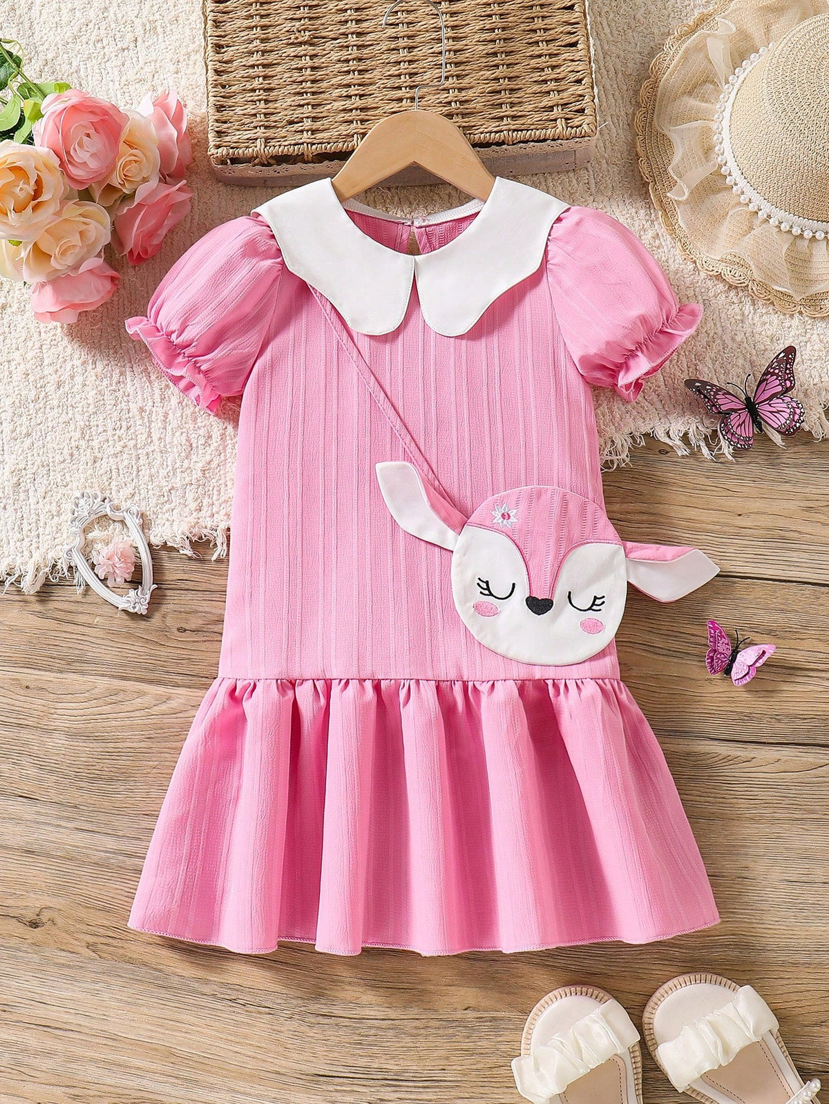 Young Girl' Cool Kid Vertical Striped Pink Casual Dress, Sweet Princess Style With White Collar, Adorable Cartoon Bag Decor, Soft & Comfortable Fabric
