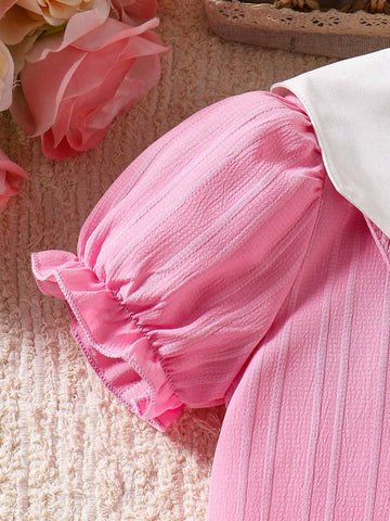 Young Girl' Cool Kid Vertical Striped Pink Casual Dress, Sweet Princess Style With White Collar, Adorable Cartoon Bag Decor, Soft & Comfortable Fabric