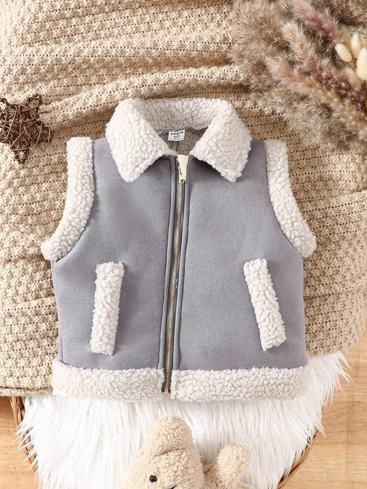 Young Girl Cool Leather Composite Zip Front Sleeveless Faux Fur Motorcycle Vest, Suitable For Autumn/Winter