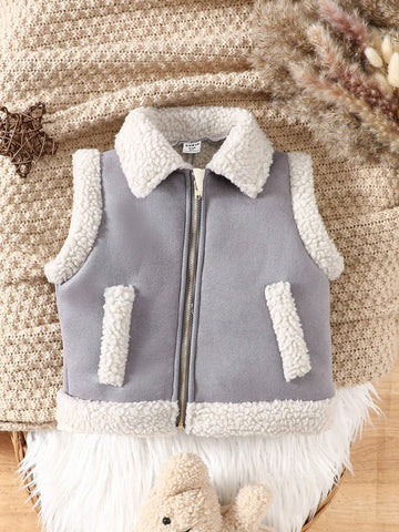 Young Girl Cool Leather Composite Zip Front Sleeveless Faux Fur Motorcycle Vest, Suitable For Autumn/Winter