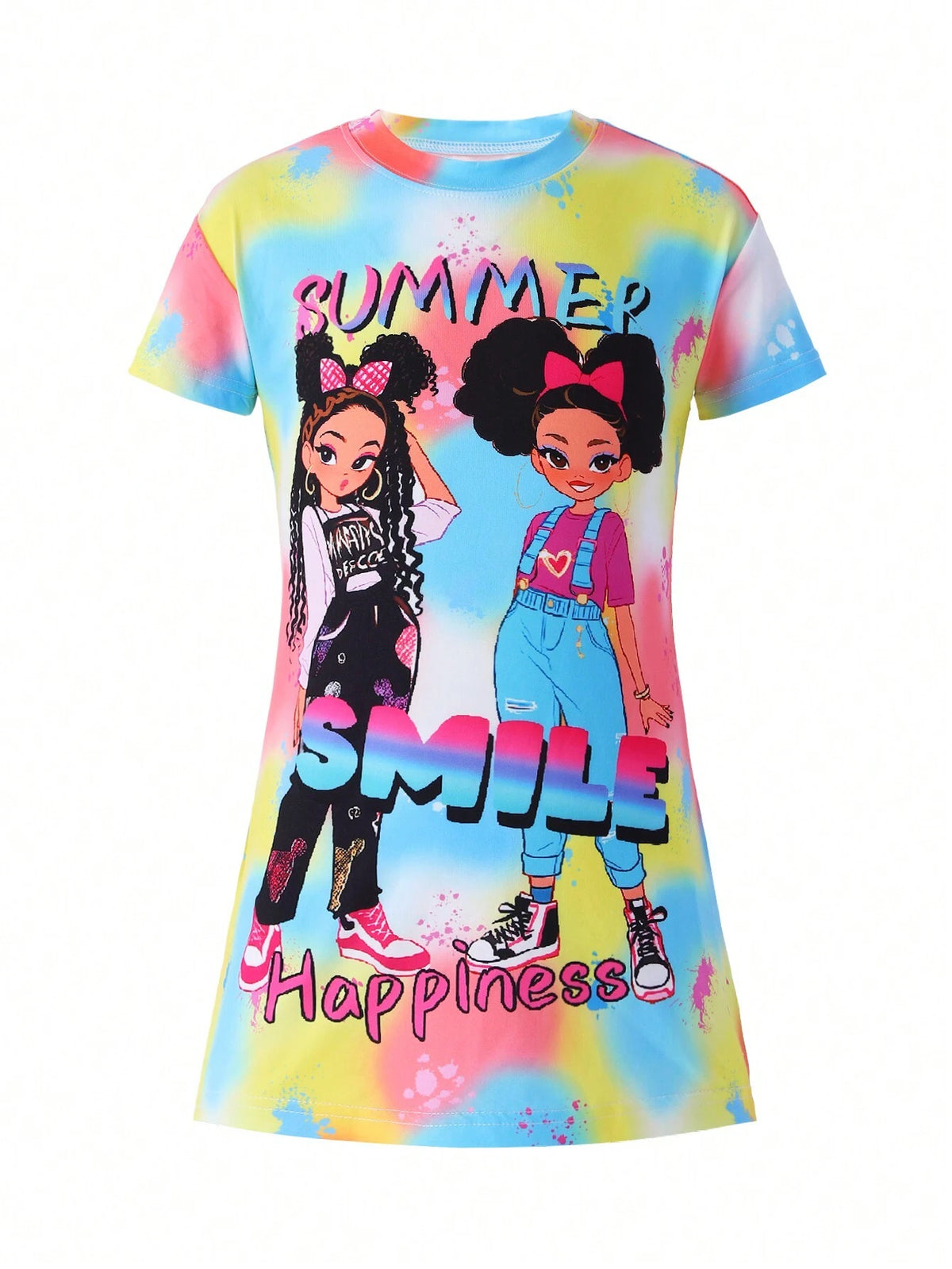 Young Girl Cool Street Style Tie-Dye Loose T-Shirt Dress