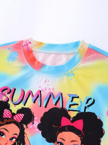 Young Girl Cool Street Style Tie-Dye Loose T-Shirt Dress