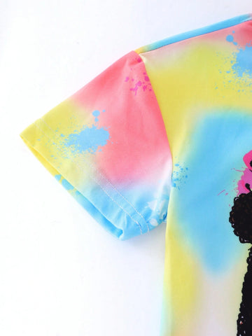 Young Girl Cool Street Style Tie-Dye Loose T-Shirt Dress
