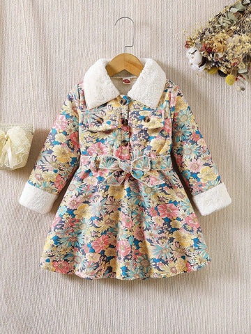 Young Girl Corduroy Floral Print Thickened Corduroy Long Dress +Matching Belt