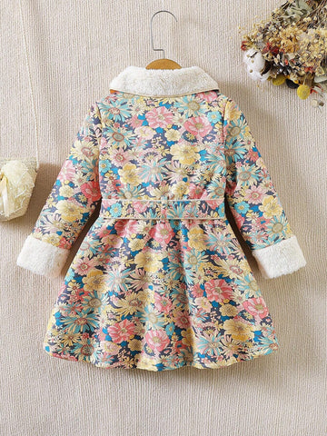 Young Girl Corduroy Floral Print Thickened Corduroy Long Dress +Matching Belt