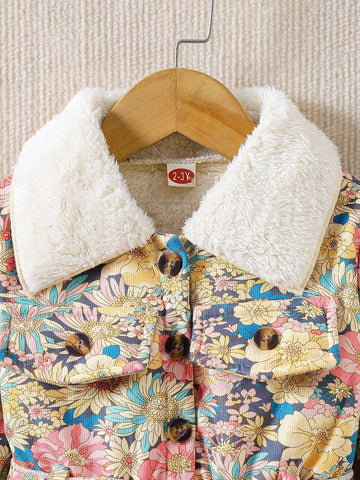 Young Girl Corduroy Floral Print Thickened Corduroy Long Dress +Matching Belt