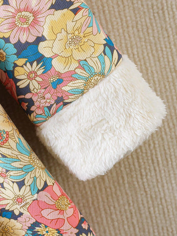 Young Girl Corduroy Floral Print Thickened Corduroy Long Dress +Matching Belt