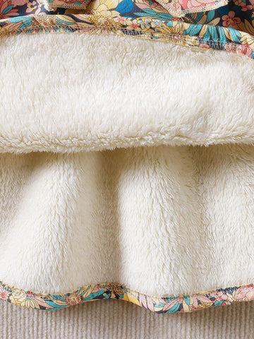 Young Girl Corduroy Floral Print Thickened Corduroy Long Dress +Matching Belt