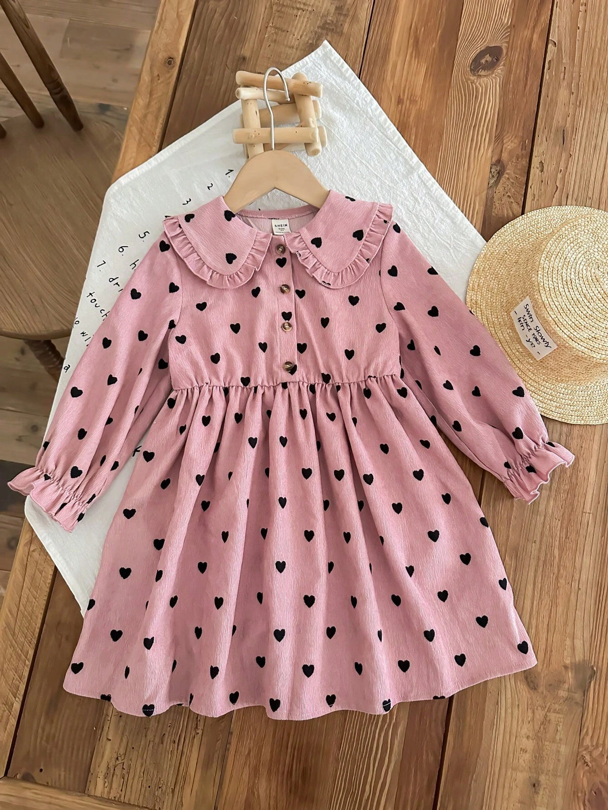 Young Girl Corduroy Heart Graphic Collared Fitted Casual Dress