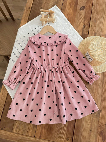 Young Girl Corduroy Heart Graphic Collared Fitted Casual Dress