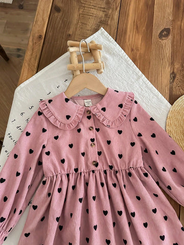 Young Girl Corduroy Heart Graphic Collared Fitted Casual Dress