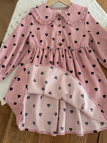 Young Girl Corduroy Heart Graphic Collared Fitted Casual Dress