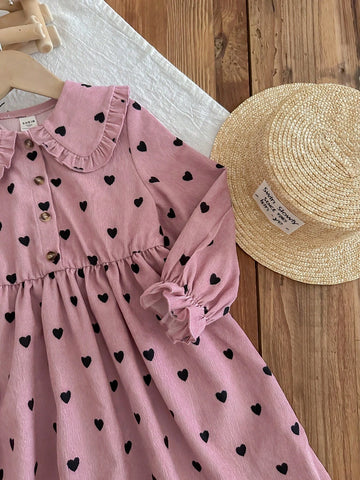 Young Girl Corduroy Heart Graphic Collared Fitted Casual Dress