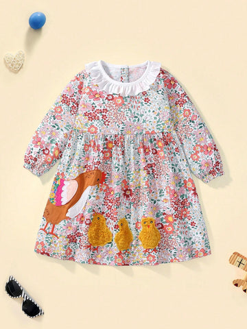 Young Girl Cotton Long Sleeve Dress, Cute Furry Chick Embroidered Pattern, Autumn Fashion Lapel Smock Dress