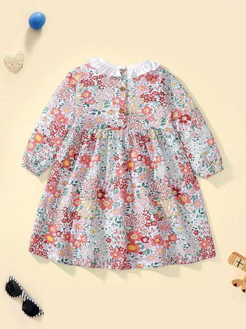 Young Girl Cotton Long Sleeve Dress, Cute Furry Chick Embroidered Pattern, Autumn Fashion Lapel Smock Dress