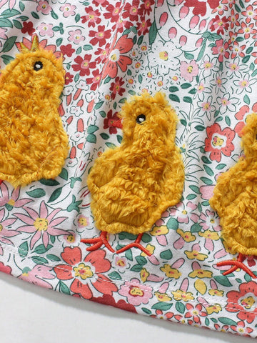 Young Girl Cotton Long Sleeve Dress, Cute Furry Chick Embroidered Pattern, Autumn Fashion Lapel Smock Dress