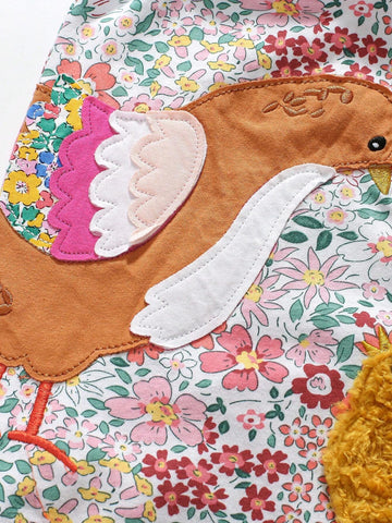 Young Girl Cotton Long Sleeve Dress, Cute Furry Chick Embroidered Pattern, Autumn Fashion Lapel Smock Dress