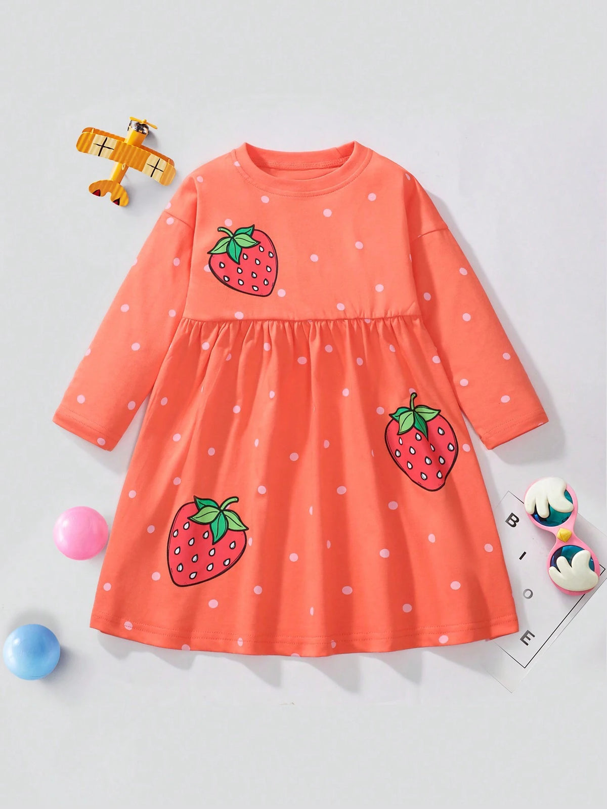 Young Girl Cotton Long Sleeve Dress, Strawberry Polka Dot Print Pattern, Fashionable And Cute For Fall Season