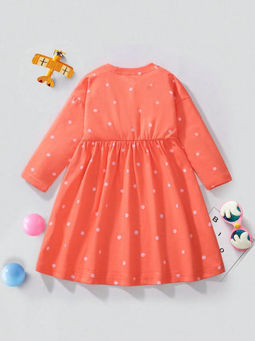 Young Girl Cotton Long Sleeve Dress, Strawberry Polka Dot Print Pattern, Fashionable And Cute For Fall Season