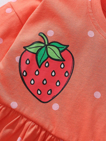 Young Girl Cotton Long Sleeve Dress, Strawberry Polka Dot Print Pattern, Fashionable And Cute For Fall Season