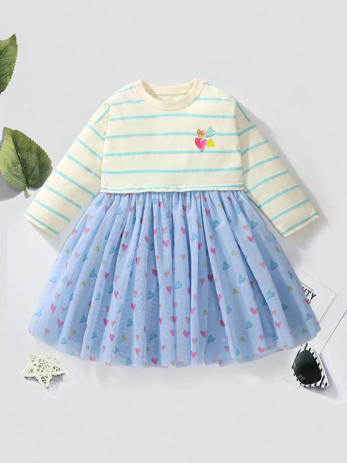 Young Girl Cotton Long Sleeve Mesh Tulle Dress, Striped Heart Print Pattern, Trendy Autumn Design