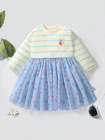 Young Girl Cotton Long Sleeve Mesh Tulle Dress, Striped Heart Print Pattern, Trendy Autumn Design