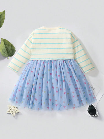 Young Girl Cotton Long Sleeve Mesh Tulle Dress, Striped Heart Print Pattern, Trendy Autumn Design
