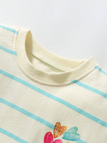 Young Girl Cotton Long Sleeve Mesh Tulle Dress, Striped Heart Print Pattern, Trendy Autumn Design