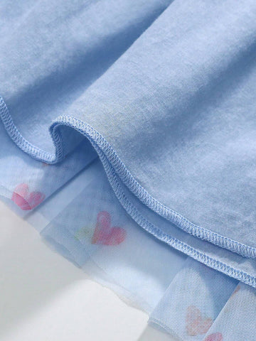Young Girl Cotton Long Sleeve Mesh Tulle Dress, Striped Heart Print Pattern, Trendy Autumn Design