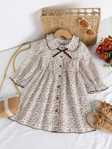 Young Girl Countryside Ditsy Floral Dress With Peter Pan Collar, Regular Shoulder, Puff Sleeves And A-Line Waist
