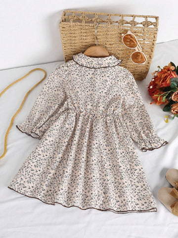 Young Girl Countryside Ditsy Floral Dress With Peter Pan Collar, Regular Shoulder, Puff Sleeves And A-Line Waist