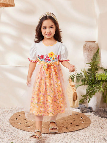 Young Girl Countryside Printed Embroidery Holiday Dress, Summer
