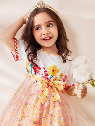Young Girl Countryside Printed Embroidery Holiday Dress, Summer