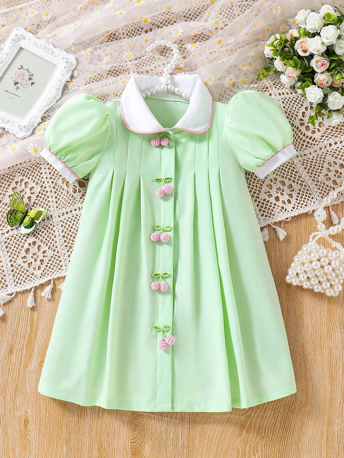 Young Girl Countryside Vacation Woven Peter Pan Collar Dress With Puff Sleeves And Pleats, Spring/Summer