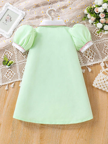 Young Girl Countryside Vacation Woven Peter Pan Collar Dress With Puff Sleeves And Pleats, Spring/Summer