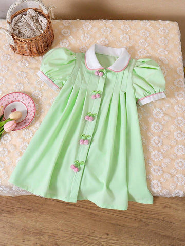 Young Girl Countryside Vacation Woven Peter Pan Collar Dress With Puff Sleeves And Pleats, Spring/Summer