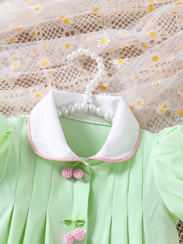 Young Girl Countryside Vacation Woven Peter Pan Collar Dress With Puff Sleeves And Pleats, Spring/Summer