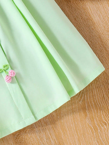 Young Girl Countryside Vacation Woven Peter Pan Collar Dress With Puff Sleeves And Pleats, Spring/Summer