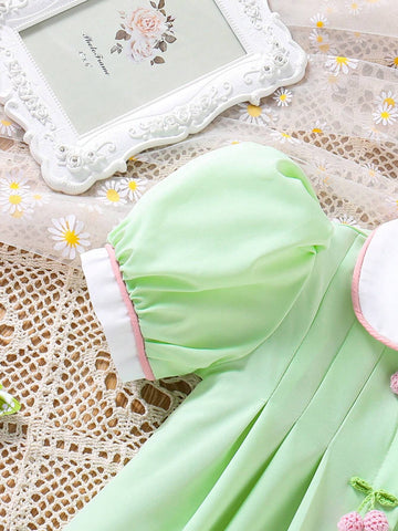 Young Girl Countryside Vacation Woven Peter Pan Collar Dress With Puff Sleeves And Pleats, Spring/Summer